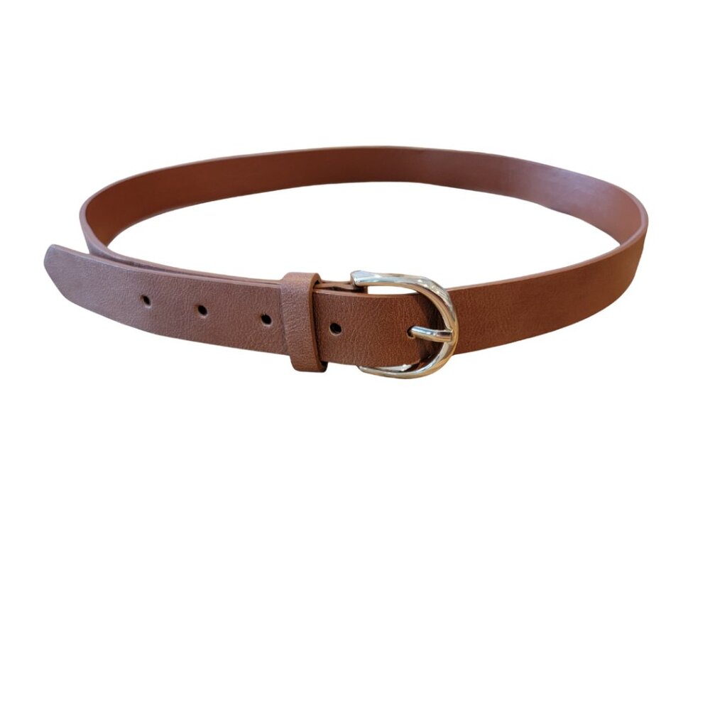 Brown Faux Leather Belt w Gold Tone Buckle